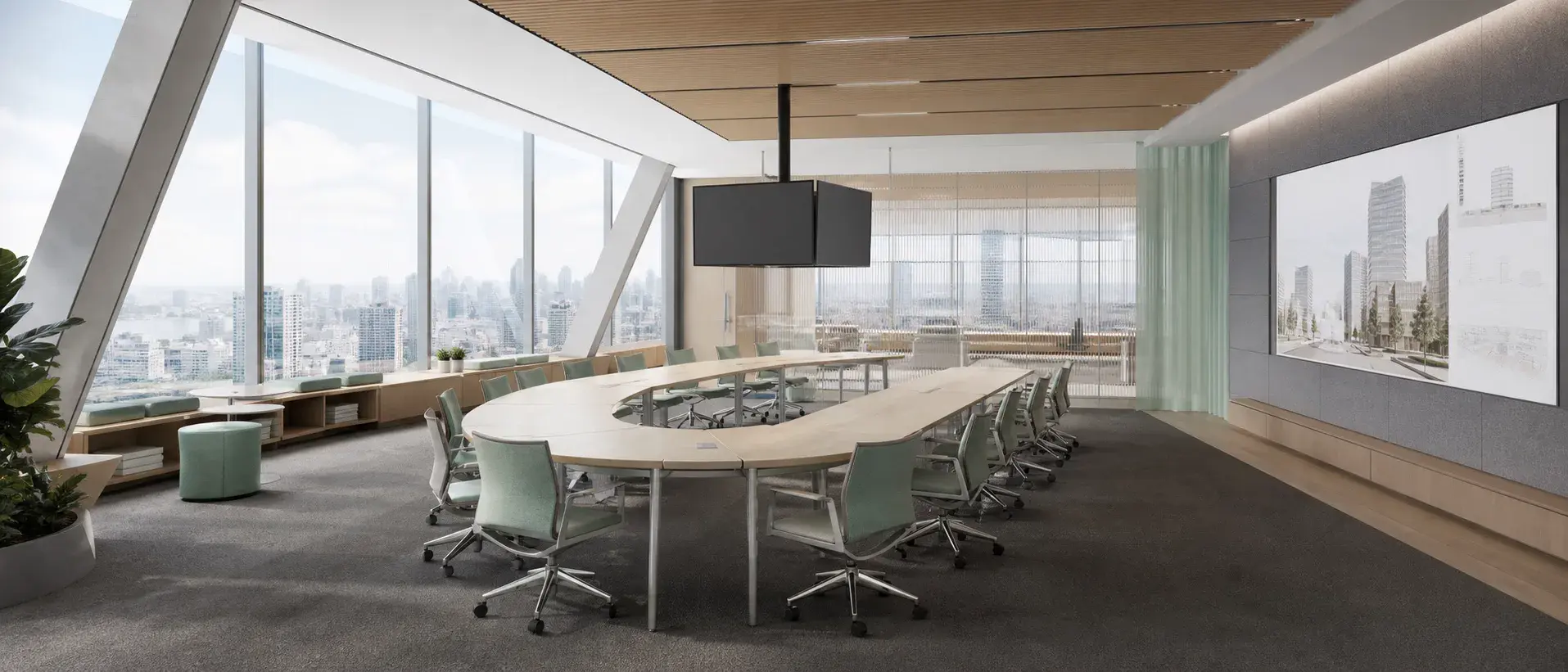 High-fidelity enterprise boardroom visualization used in immersive-review development.