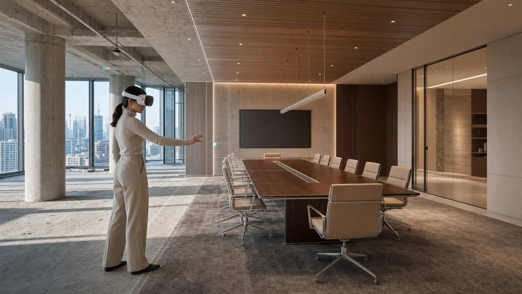 Concept visualization of a person reviewing a finished boardroom inside an unfinished office shell.